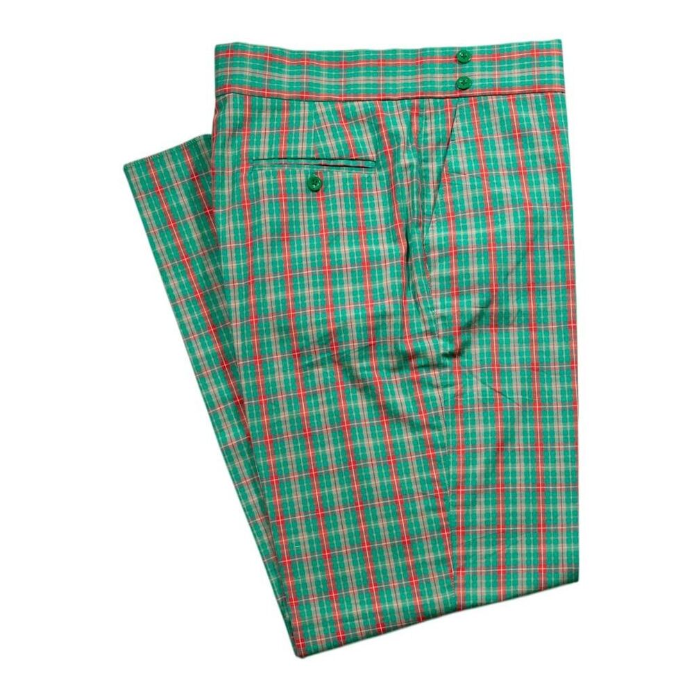 Mens 34 Gurkha Pants Green Red Madras Plaid Cotton Straight Flat Front Trousers